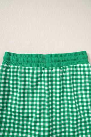 Red Gingham Oversized Ribbed Trim Crew Neck Long Sleeve Top and Skort Set