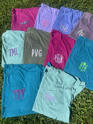 *MYSTERY* Embroidered Comfort Color Monogram Pocket Tee | QUICK SHIP, Merch Girls - A Blissfully Beautiful Boutique