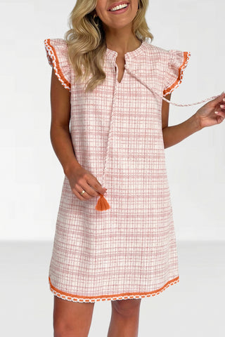 White Jacquard Textured Contrast Trim Short Sleeve Tassel Tie Shift Dress, Dear-Lover Dropshipping - A Blissfully Beautiful Boutique
