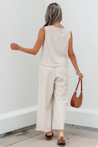 Apricot Buttoned V Neck Tank Top and Wide Leg Pants Casual Outfit
