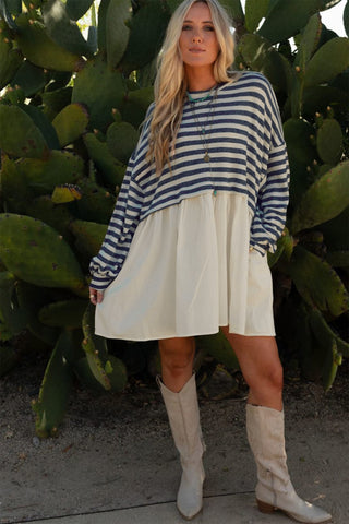 Blue Stripe Long Sleeve Pocketed Patchwork Hem Mini Dress