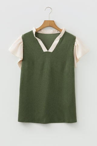 Vineyard Green Plus Size Contrast Frilled Neckline Ruffled Short Sleeve Ribbed Textured Blouse, Dear-Lover Dropshipping - A Blissfully Beautiful Boutique