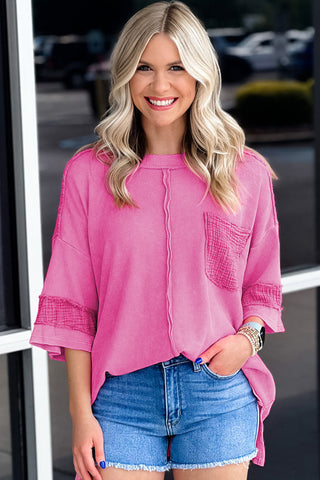 Bright Pink Oversized Mineral Wash Textured Bracelet Sleeve Top