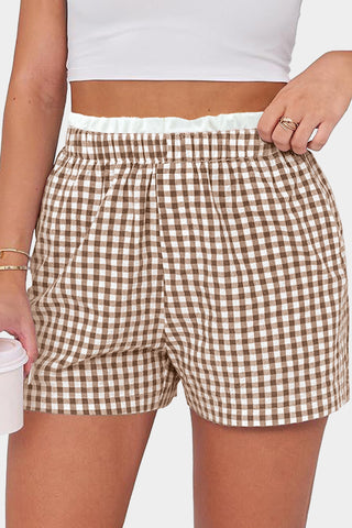 Khaki Contrast Trim Plaid Print Plus Size Shorts, Dear-Lover Dropshipping - A Blissfully Beautiful Boutique