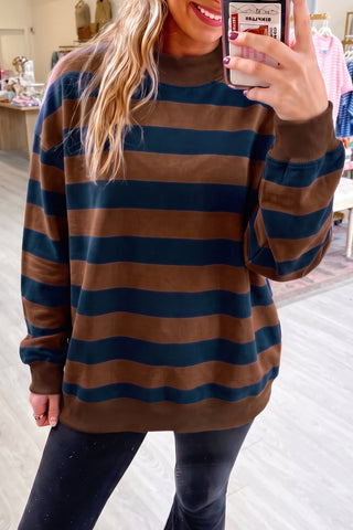 Rose Stripe Colorblock Mock Neck Relaxed Sweatshirt