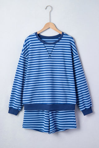 Blue Stripe Drop Shoulder Long Sleeve Pullover Elastic Waist Casual Short Set, Dear-Lover Dropshipping - A Blissfully Beautiful Boutique