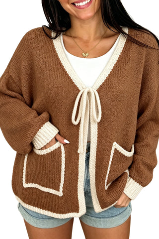 Apricot Contrast Trim V-Neck Tie Front Loose Sweater Cardigan
