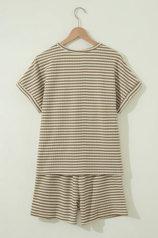 Brown Stripe Breathable Textured Knit Short 2pcs Set, Dear-Lover Dropshipping - A Blissfully Beautiful Boutique