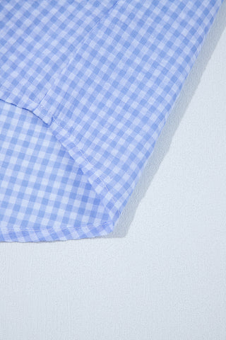 Light Blue Gingham Short Puff Sleeve Button Up Shirt