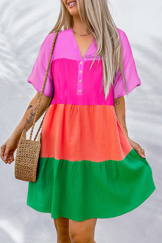 Multicolor Color Block Tiered Puff Sleeve Dress