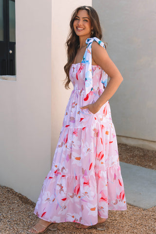 Pink Floral Print Knotted Shoulder Smocked Maxi Dress, A Blissfully Beautiful Boutique - A Blissfully Beautiful Boutique