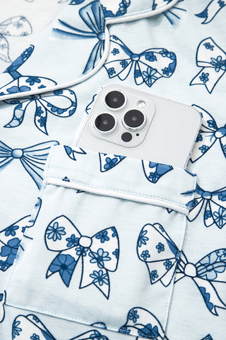 Sky Blue Bow Print Short Pajama Set, Dear-Lover Dropshipping - A Blissfully Beautiful Boutique