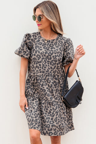 Brown Denim Leopard Printed Short Puff Sleeve Mini Dress