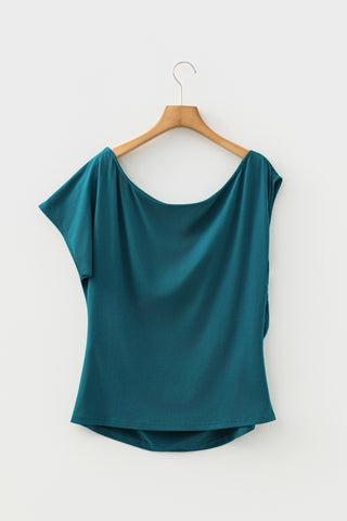 Blue Sapphire Plus Size Solid Color Asymmetric Neck Short Sleeve Blouse, Dear-Lover Dropshipping - A Blissfully Beautiful Boutique