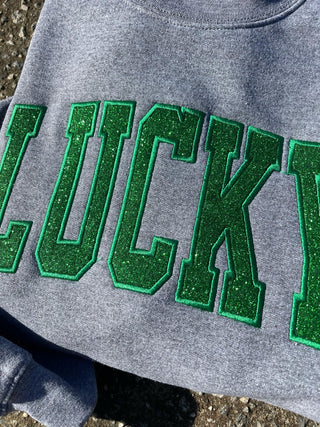 Lucky Varsity Glitter Applique Embroidered Sweatshirt, Merch Girls - A Blissfully Beautiful Boutique