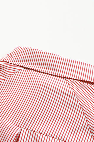 Red Stripe Smocked Cuffed Striped Boyfriend Shirt with Pocket