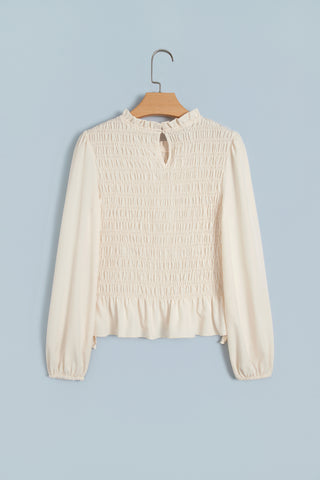 Jet Stream Solid Color Smocked Ruffle Hem Long Sleeve Blouse