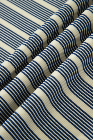 Blue Stripe Plus Size Contrast Trim Button V Neck Ruffle Sleeve Shift Dress