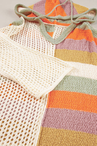 Beige Oversized Colorblock V Neck Hooded Sweater, A Blissfully Beautiful Boutique - A Blissfully Beautiful Boutique
