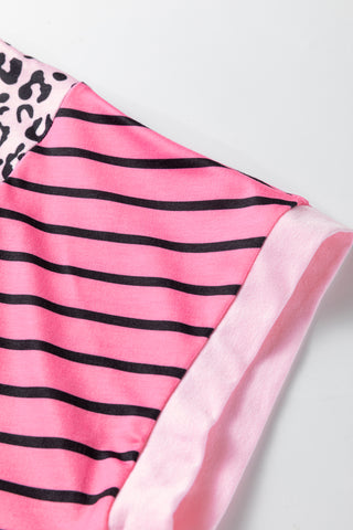 Pink Leopard Striped Patchwork Side Slit Loose Short Sleeve Top, Dear-Lover Dropshipping - A Blissfully Beautiful Boutique