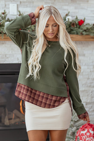 Moss Green Vintage Plaid Patchwork Drop Shoulder Sweatshirt, Dear-Lover Dropshipping - A Blissfully Beautiful Boutique