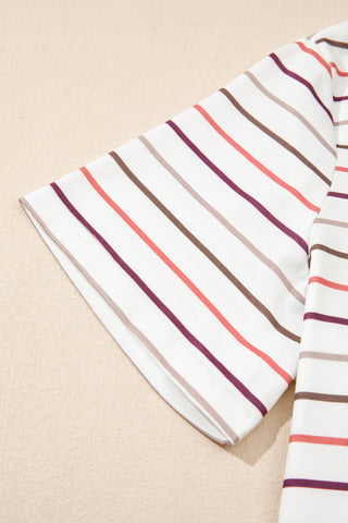 White Stripe V Neck Casual Plus Size Tee, Dear-Lover Dropshipping - A Blissfully Beautiful Boutique