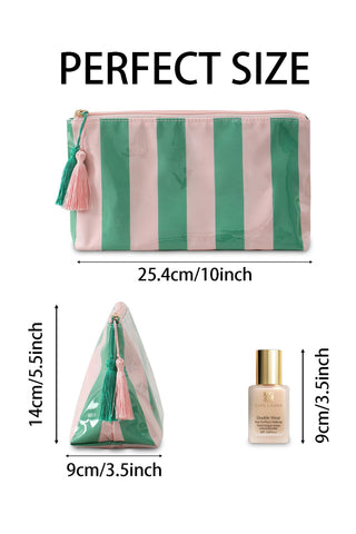Dark Green Striped Vinyl Waterproof Tassel Zipper Makeup Bag, Dear-Lover Dropshipping - A Blissfully Beautiful Boutique