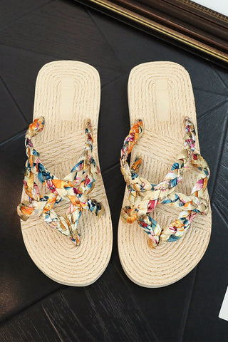 Beige Boho Printed Woven Caged Flip Flops Summer Slippers, Dear-Lover Dropshipping - A Blissfully Beautiful Boutique