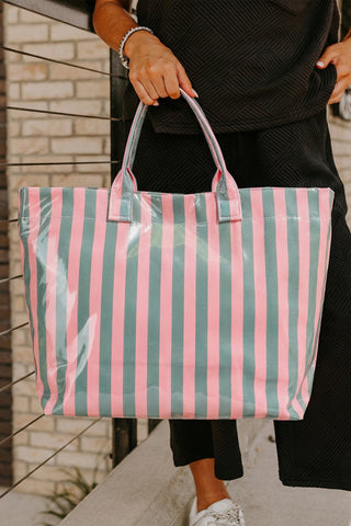 Blackish Green Glossy Striped Vinyl Large Tote Bag, Dear-Lover Dropshipping - A Blissfully Beautiful Boutique