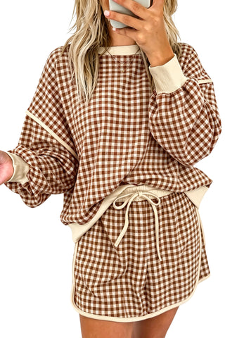 Red Gingham Oversized Ribbed Trim Crew Neck Long Sleeve Top and Skort Set