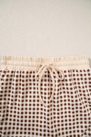 Red Gingham Oversized Ribbed Trim Crew Neck Long Sleeve Top and Skort Set