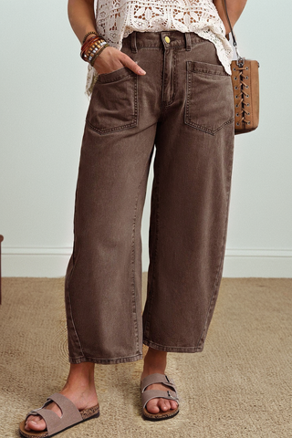 Coffee Solid Color Square Patch Pocket Ankle-length Barrel Jeans, Dear-Lover Dropshipping - A Blissfully Beautiful Boutique