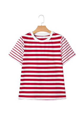 Red Stripe Patchwork Round Neck T Shirt, Dear-Lover Dropshipping - A Blissfully Beautiful Boutique