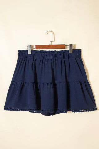Navy Blue Plus Size Frilled Elastic Waist Lace Trim Boho Ruffled Shorts, Dear-Lover Dropshipping - A Blissfully Beautiful Boutique