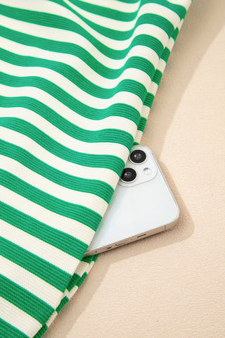 Green Stripe Print Contrast Collar Split Neck Flutter Sleeve Short Dress