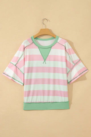 Pink Stripe Exposed Seam Ribbed Patchwork Oversized Tee, Dear-Lover Dropshipping - A Blissfully Beautiful Boutique