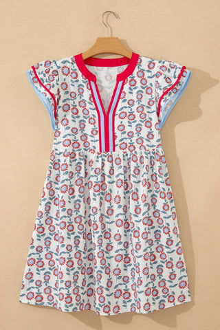 Red Floral Print Contrast Trim Flutter Sleeve Mini Dress, Dear-Lover Dropshipping - A Blissfully Beautiful Boutique