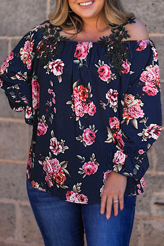 Navy Blue Plus Size Crochet Detail Cold shoulder Floral Blouse