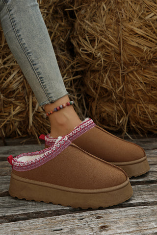 Chestnut Suede Contrast Print Round Toe Plush Lined Flats, Dear-Lover Dropshipping - A Blissfully Beautiful Boutique
