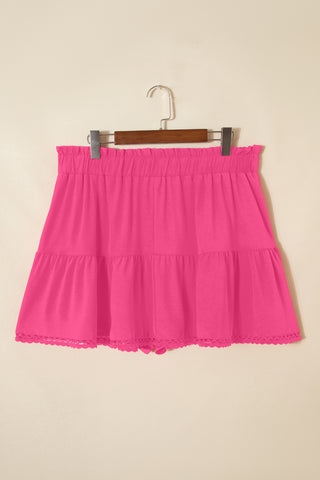 Rose Red Plus Size Frilled Elastic Waist Lace Trim Boho Ruffled Shorts, Dear-Lover Dropshipping - A Blissfully Beautiful Boutique