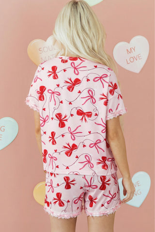Red Romantic Bow Print Loose Tee Drawstring Shorts 2pcs Lounge Set, Dear-Lover Dropshipping - A Blissfully Beautiful Boutique