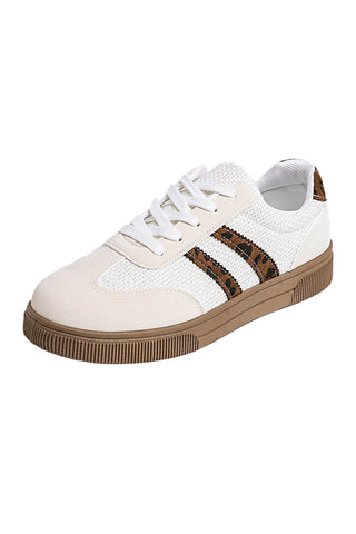 White Textured Woven PU Leather Leopard Patchwork Flat Sneakers, Dear-Lover Dropshipping - A Blissfully Beautiful Boutique