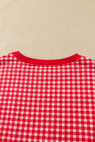 Red Gingham Oversized Ribbed Trim Crew Neck Long Sleeve Top and Skort Set