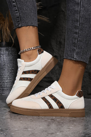 White Textured Woven PU Leather Leopard Patchwork Flat Sneakers, Dear-Lover Dropshipping - A Blissfully Beautiful Boutique