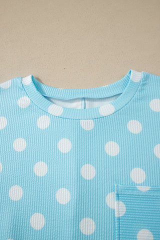 Sky Blue Twisted Rib Polka Dot Print Plus Size T Shirt, Dear-Lover Dropshipping - A Blissfully Beautiful Boutique