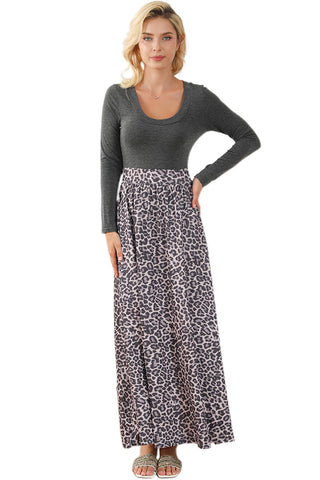Black Long Sleeve Fitted Bodice Leopard Maxi Dress