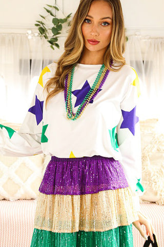 White Mardi Gras Star Printed Long Sleeve Top, Dear-Lover Dropshipping - A Blissfully Beautiful Boutique