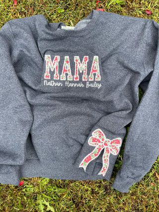Side Bow Custom Fabric Applique Embroidered Sweatshirt with Optional Text on Front, Merch Girls - A Blissfully Beautiful Boutique
