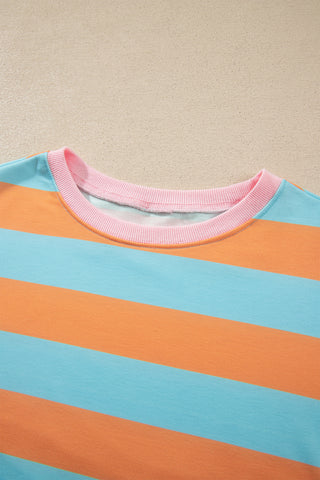 Orange Stripe Ribbed Color Block Trim Round Neck Long Sleeve Shift Top