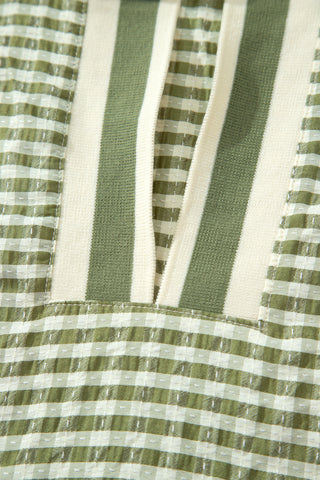 Green Plaid Short Sleeve Colorblock Trim Split Neck Blouse